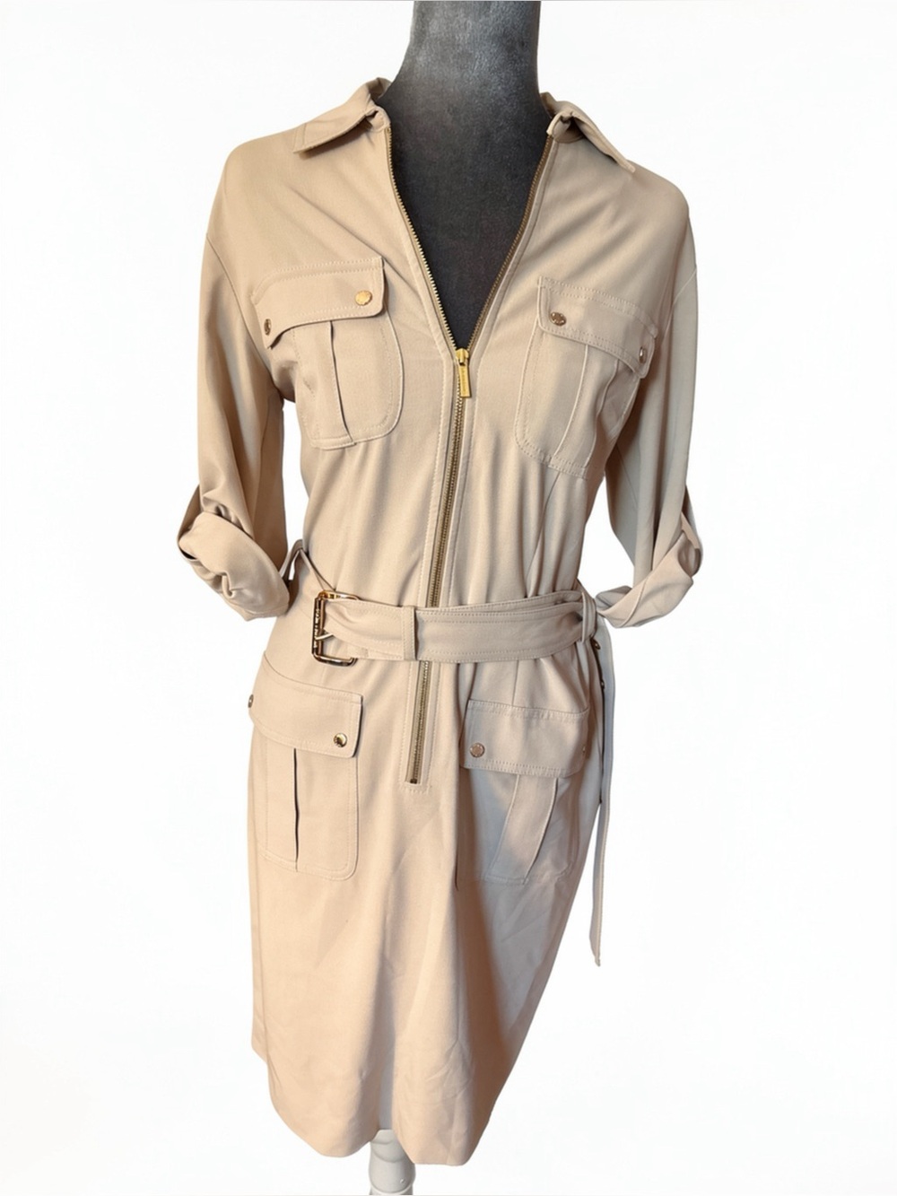NWOT Michael Kors Khaki Utility Zipper Shirt Dress Size Small